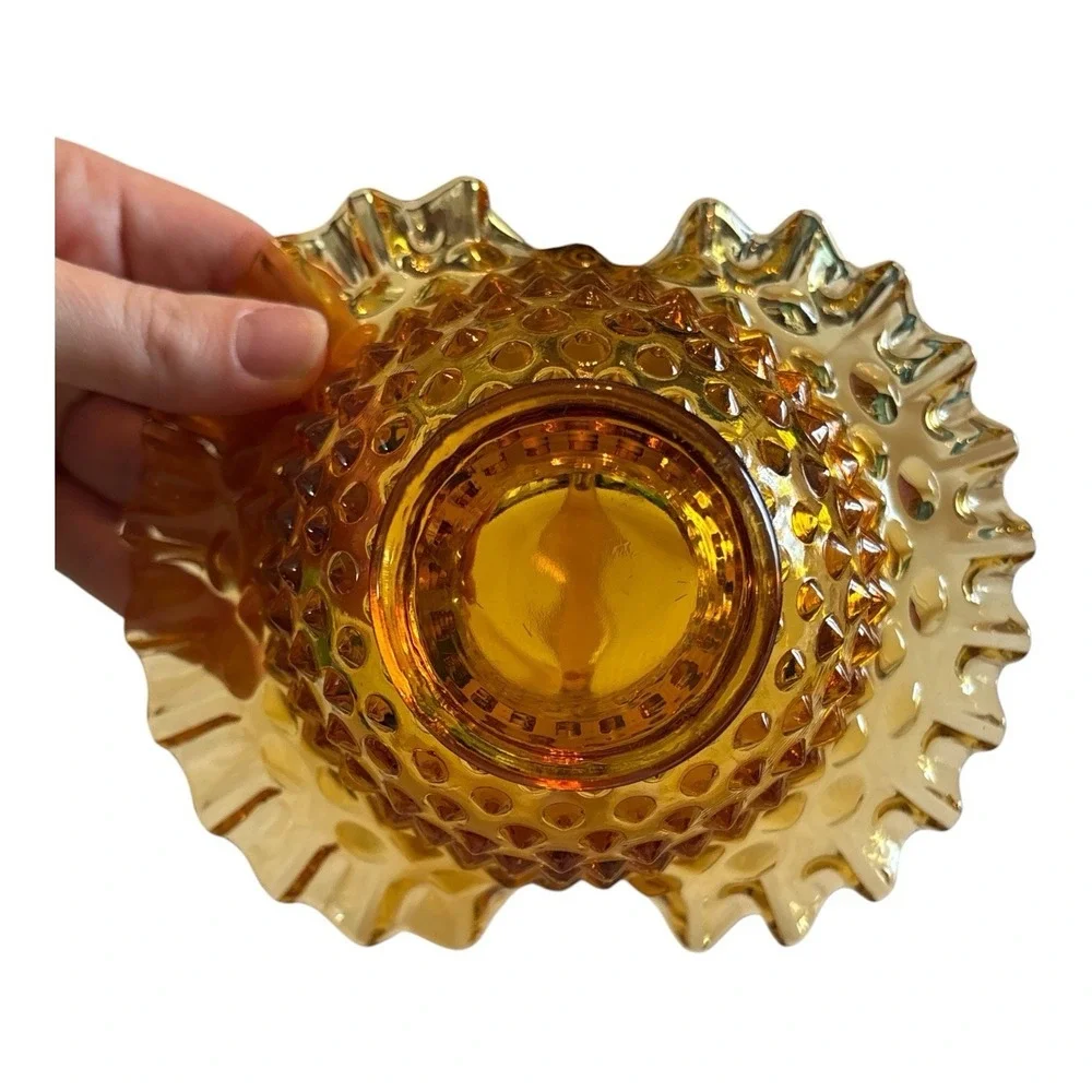 Vintage Fenton Amber Glass Colonial Hobnail Ruffled Edges Art Glass Basket 7.5